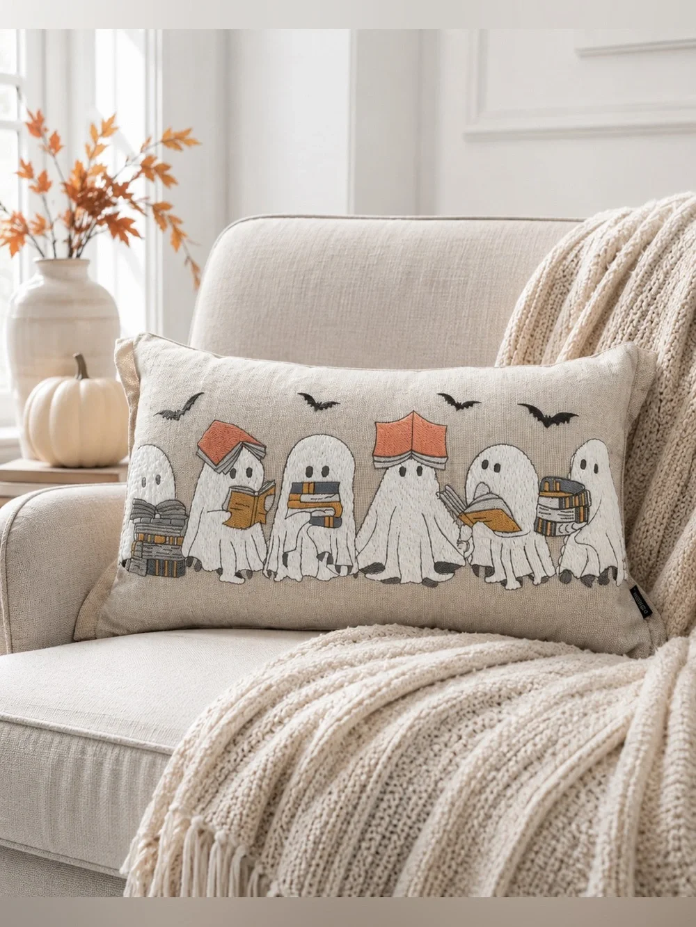 Cynthia Rowley Halloween Ghosts Reading Books 14x24 Embroidered Throw Pillow